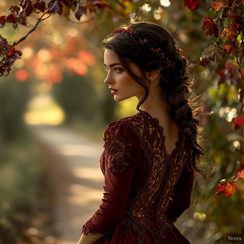 A woman stands in an outdoor setting, surrounded by trees and foliage, wearing a burgundy dress with lace details and a floral crown.