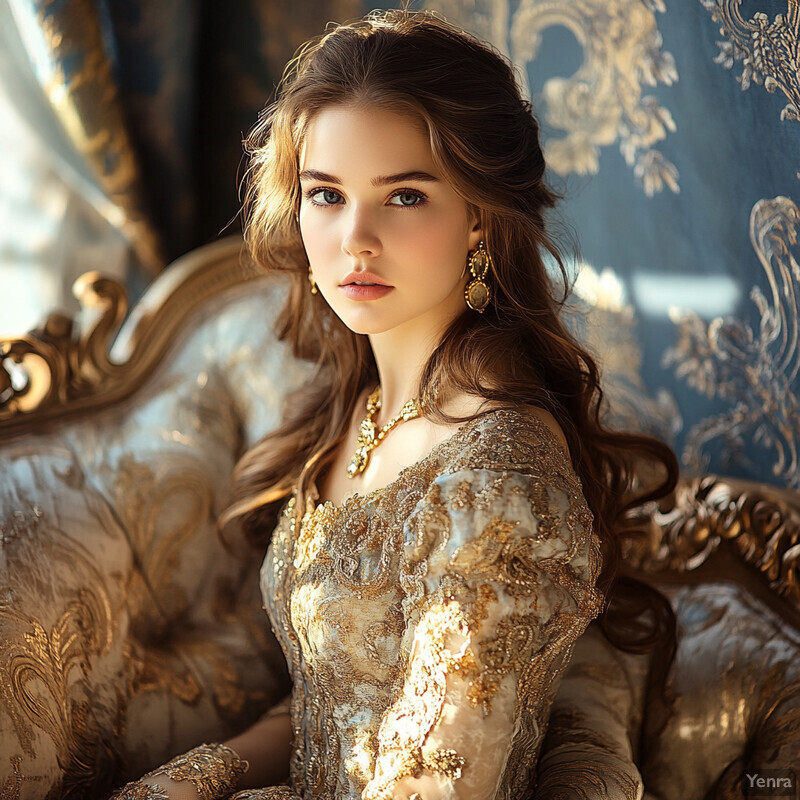 A young woman dressed in an intricately embroidered gown sits on an ornate couch.