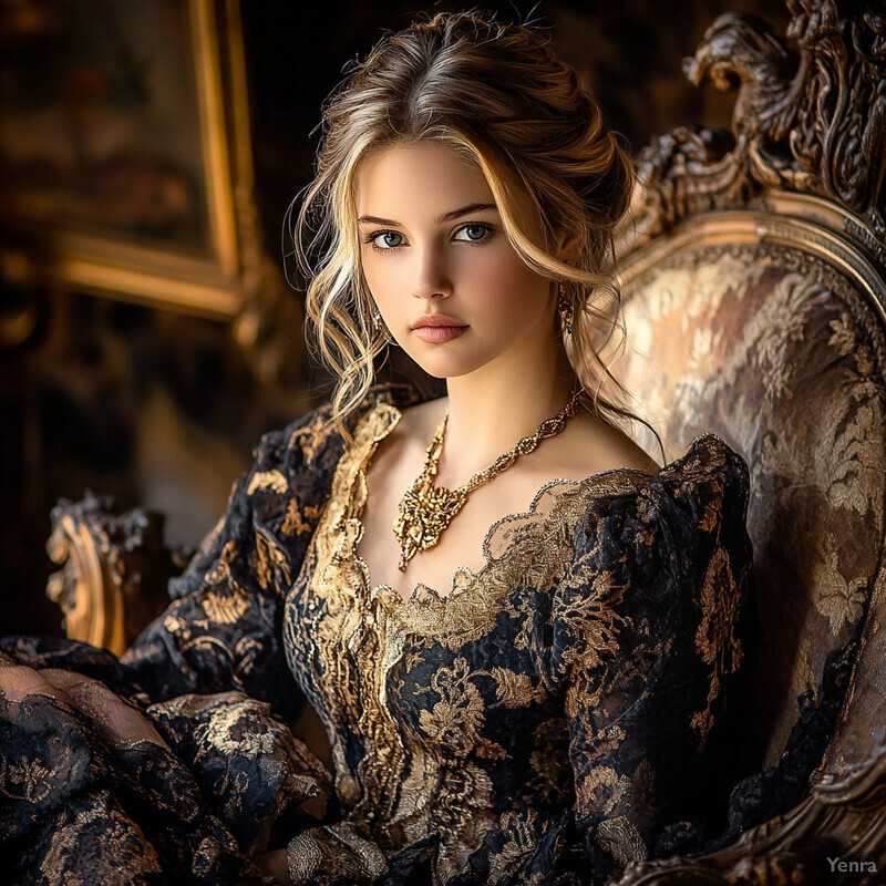 A young woman sits elegantly in an ornate chair or sofa, dressed in a stunning black and gold brocade gown, with her fair skin, long blonde hair, and delicate gold necklace contributing to an air of mystery and refinement.