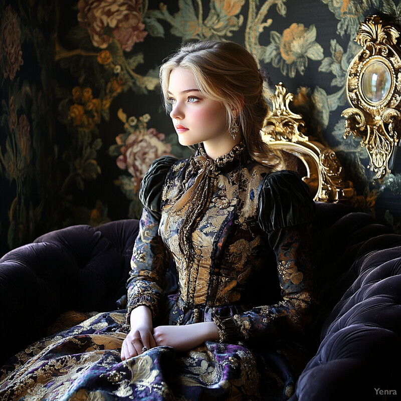 A young woman sits on a velvet couch in front of dark floral wallpaper, wearing an ornate Victorian-era-inspired dress.