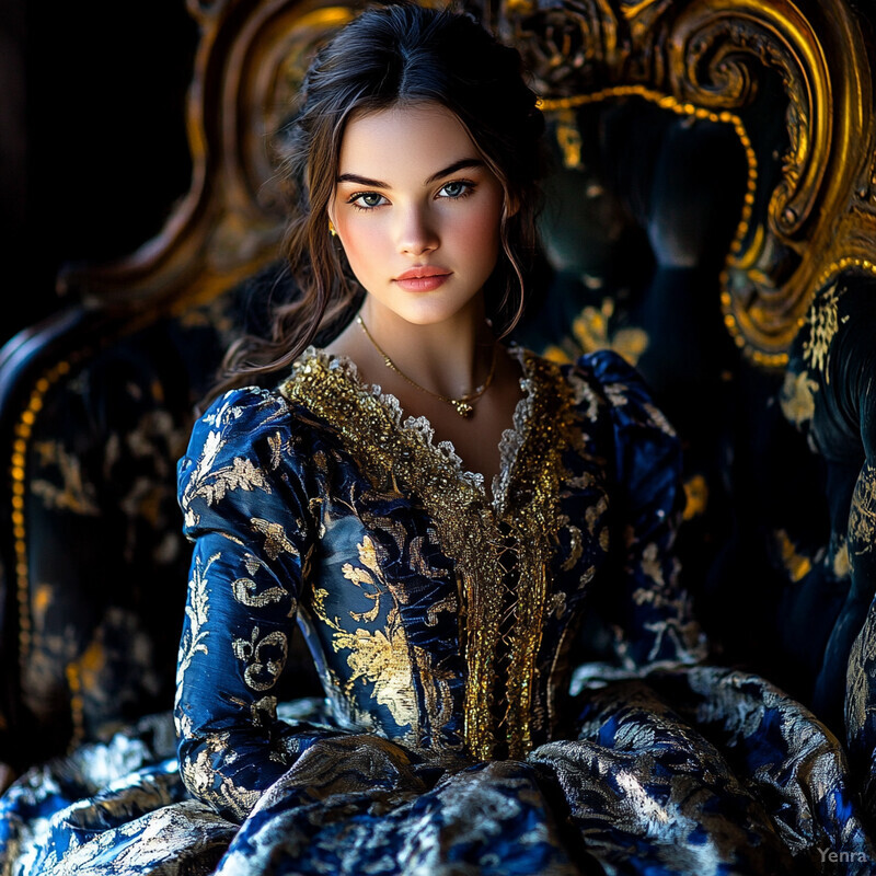 A young woman sits on an ornate chair or sofa, wearing a blue dress with intricate patterns and designs.