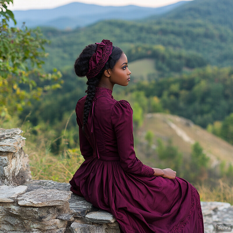 Cameo sitting on a stone wall, gazing at a mountain range in the distance.