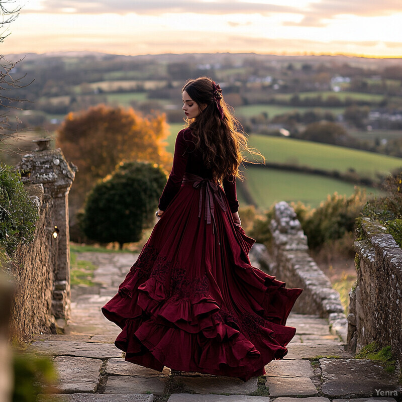 A woman in a crimson dress stands on a stone bridge overlooking a picturesque countryside at sunset.