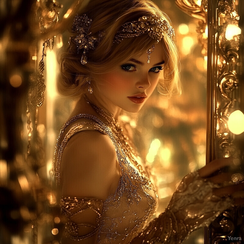 A woman in a silver embroidered dress with a headpiece, set against a blurred background that appears to be a room with a high ceiling and ornate decorations.