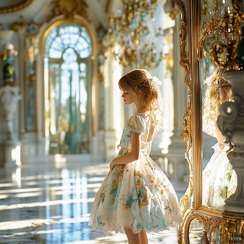 A young girl stands confidently in front of an ornate mirror, surrounded by opulent decorations and furnishings.