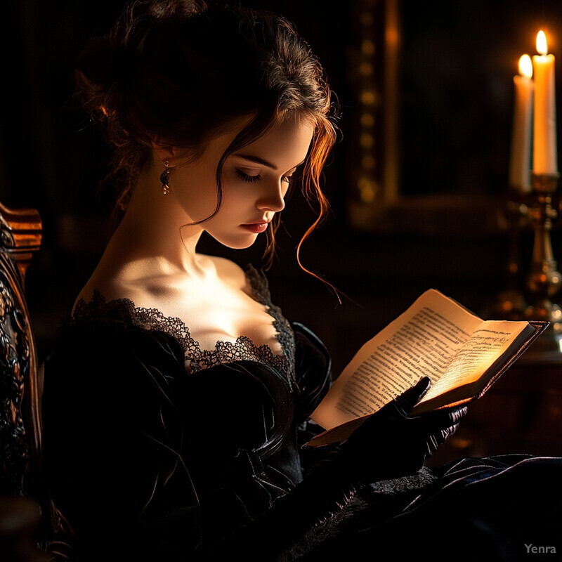 A woman reads in a candlelit setting, dressed in black with lace trimmings.