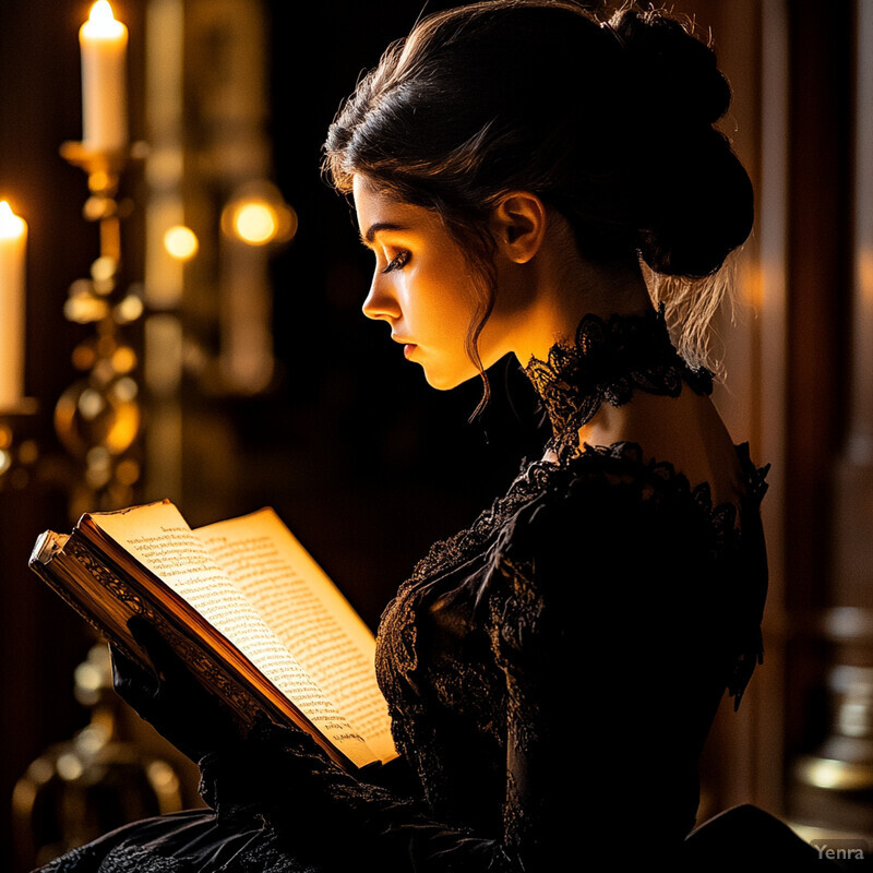 A woman in black attire reads a book by candlelight, evoking a sense of mystery and intrigue.