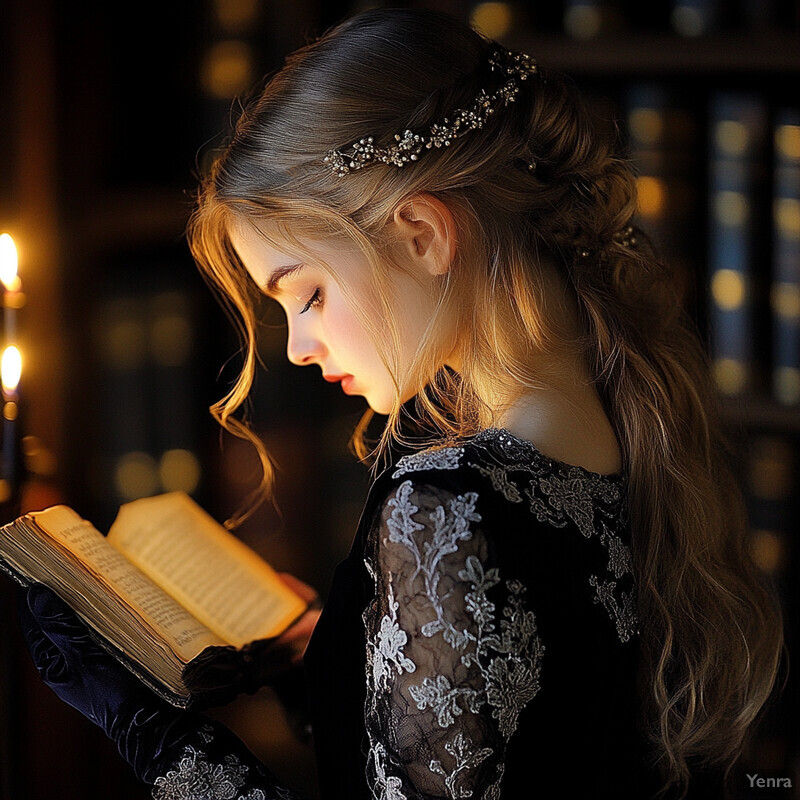 A woman reads an old book by candlelight, surrounded by a dimly lit room with bookshelves.