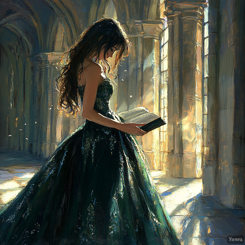 A woman in a long, dark green dress stands in front of a stone wall with arches, holding an open book.