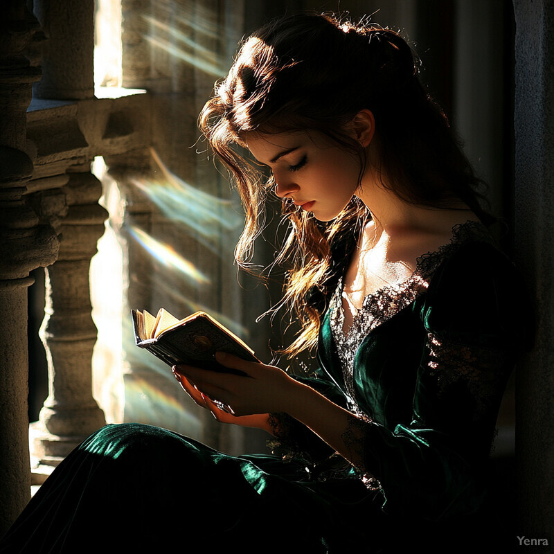 A woman reads in a cloistered setting