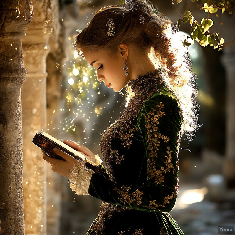 A woman stands in front of an ancient stone wall, dressed in a long-sleeved dress with gold embroidery and holding a large book.