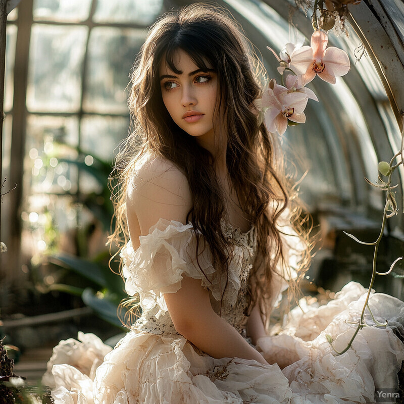 A woman in a white dress sits amidst greenery and flowers, exuding elegance and poise.