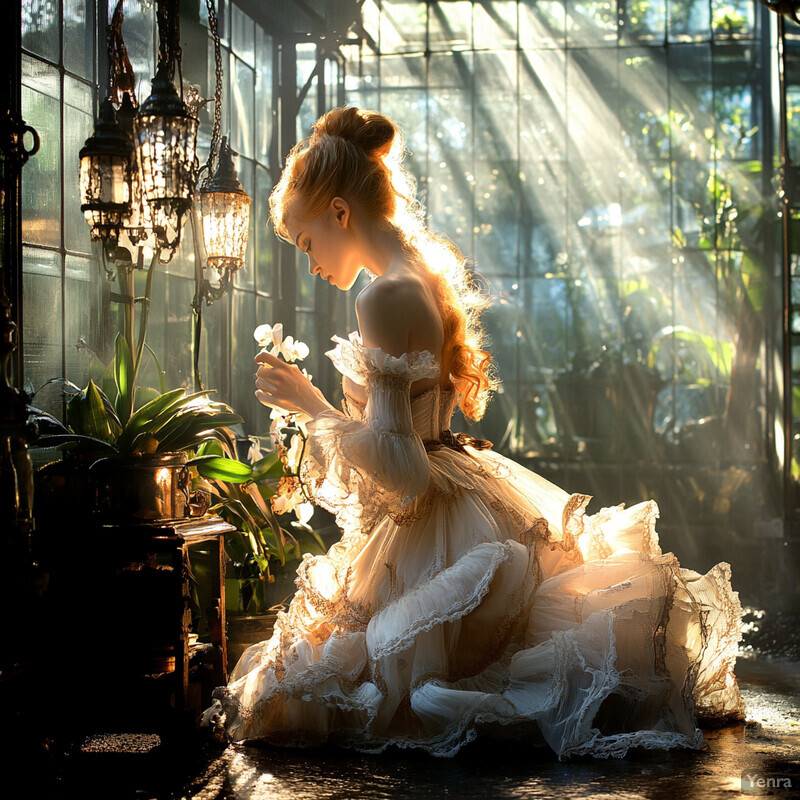 A serene and elegant scene of a woman in an ornate dress kneeling on the floor, surrounded by lush greenery and soft lighting.