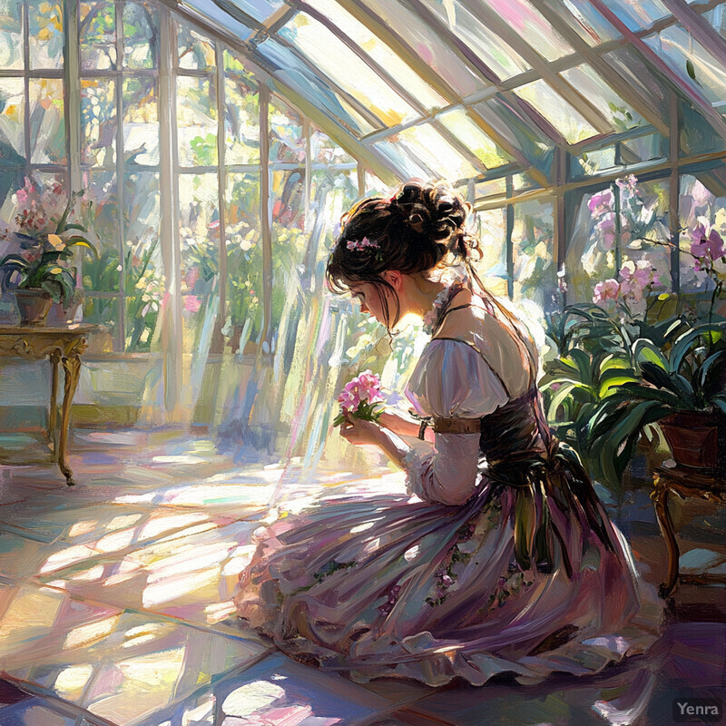 A serene and idyllic scene of a woman in a greenhouse surrounded by lush greenery and vibrant flowers.