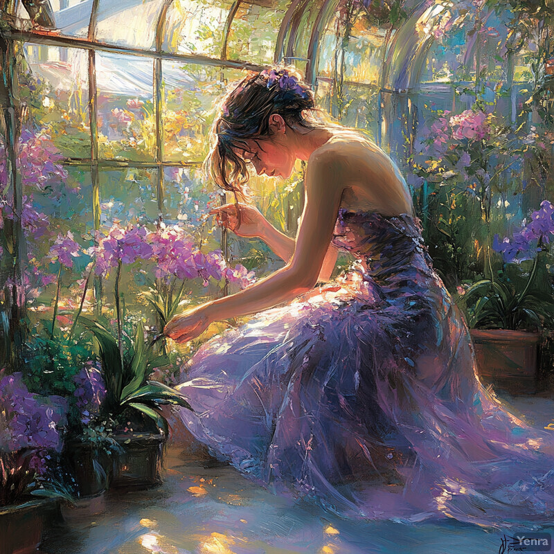 A woman prunes orchids in a sunroom or conservatory.