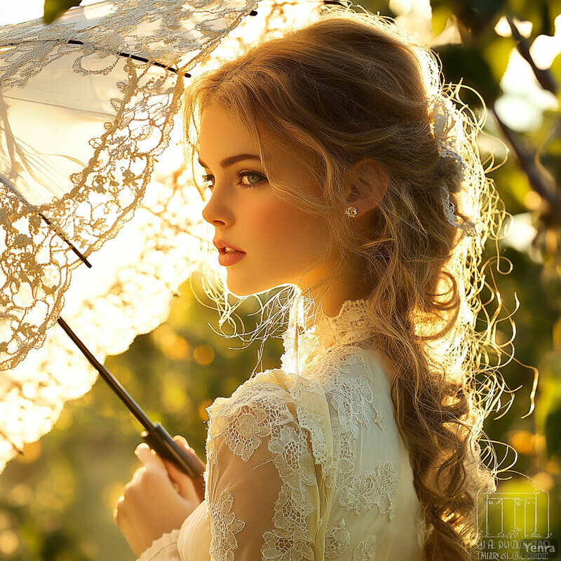 A young woman holding an open parasol with intricate lace trim, set against a blurred background that evokes a sense of serenity and elegance.