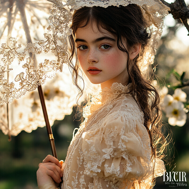 A young woman in an old-fashioned lace dress holds a parasol in a softly focused outdoor setting.