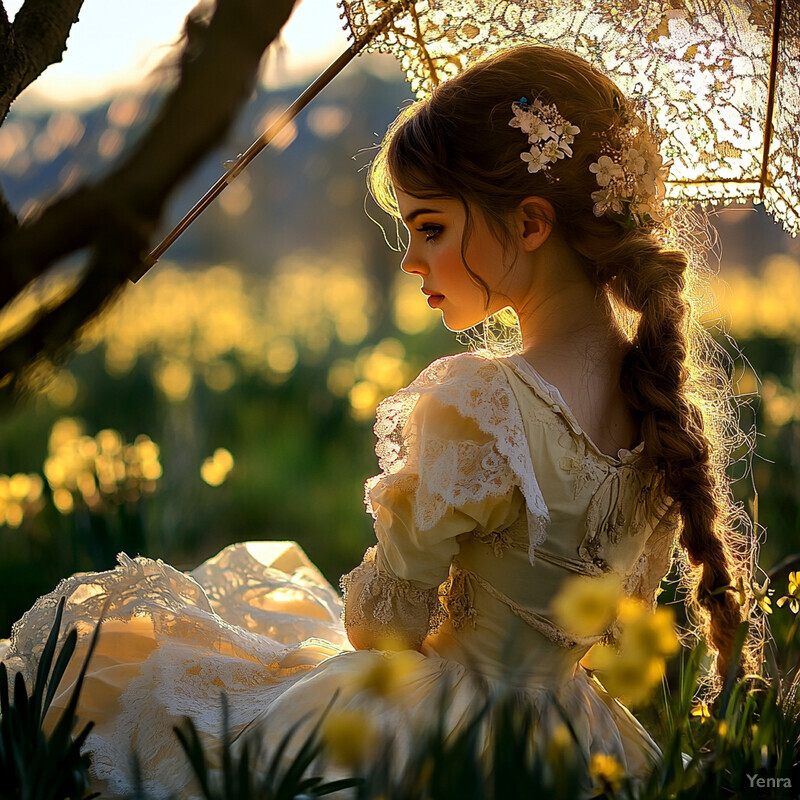 A young girl sits in a field of daffodils, surrounded by vibrant yellow petals and warm sunlight.