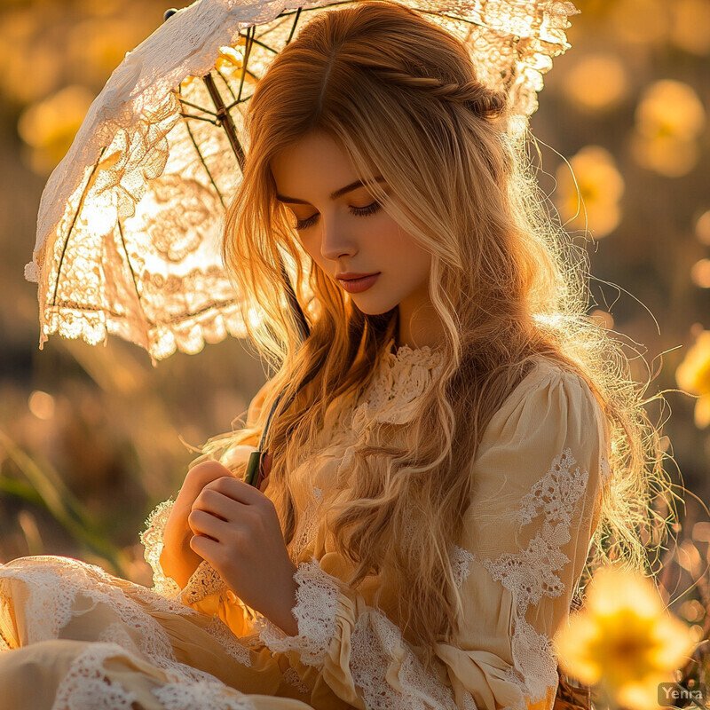 A serene scene of a woman sitting in a field of daffodils, surrounded by vibrant yellow flowers.