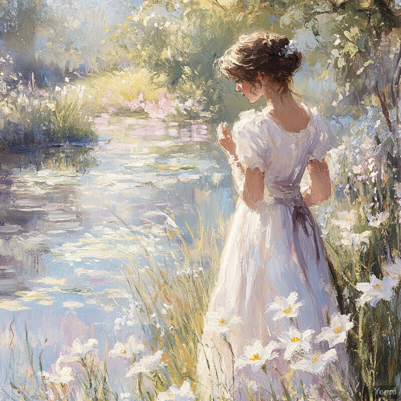 A serene and idyllic scene of a woman standing by a body of water, surrounded by lush greenery and vibrant flowers.