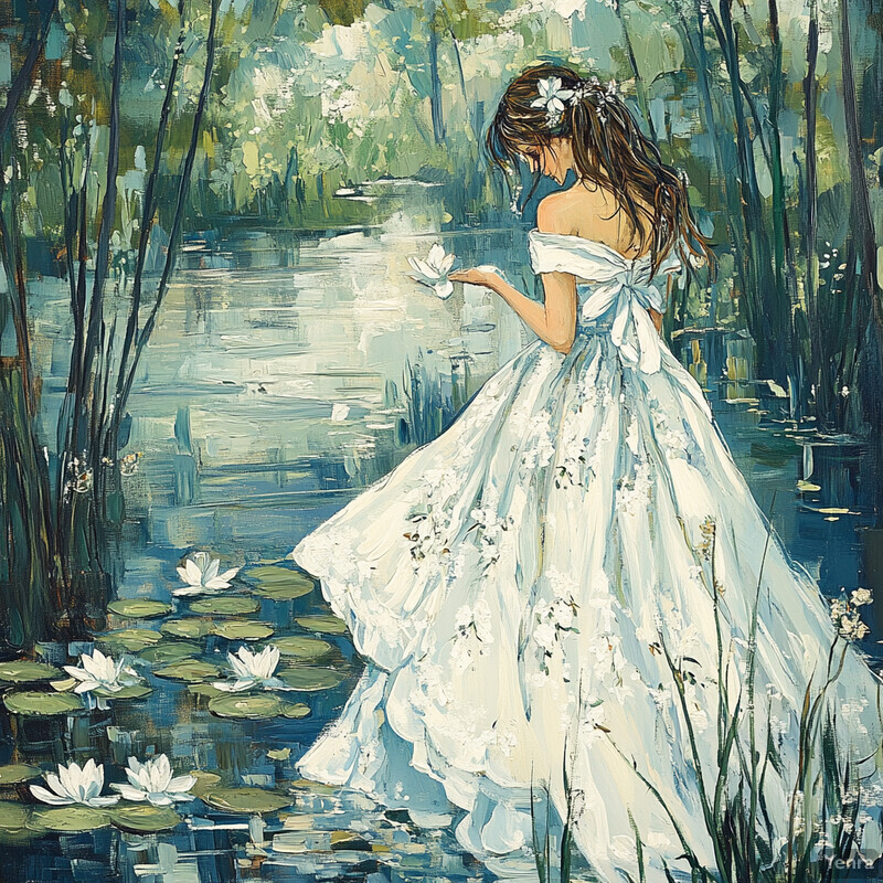 Woman in white dress standing by a pond surrounded by lilies