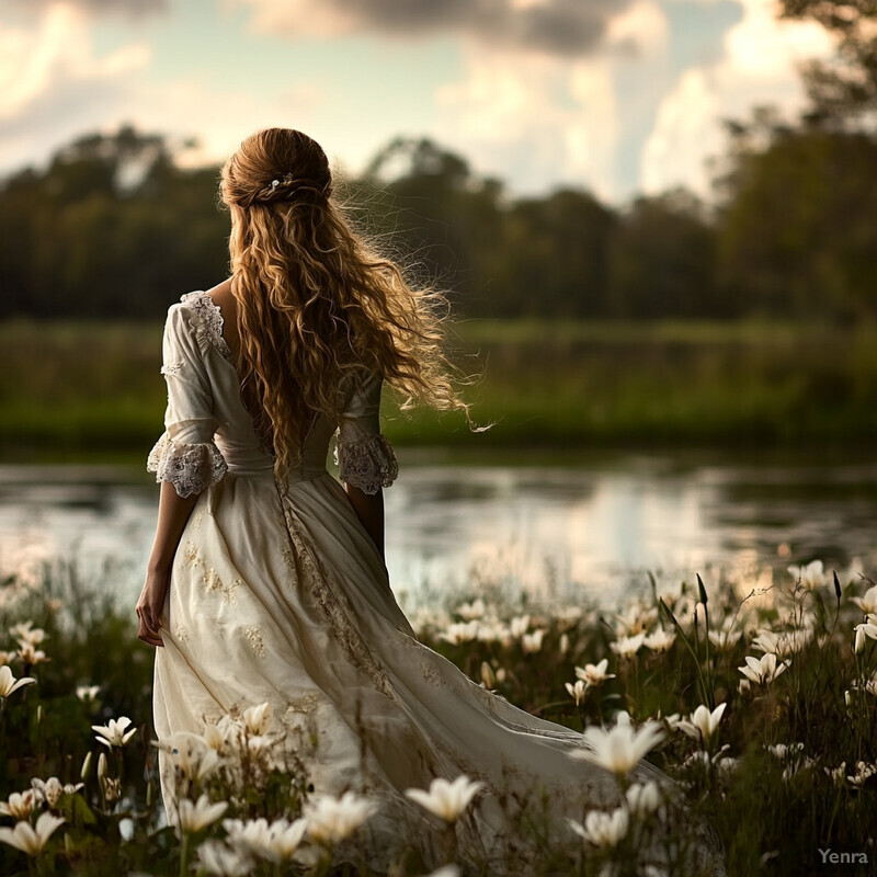 A woman stands in a field of white lilies, gazing at the horizon.