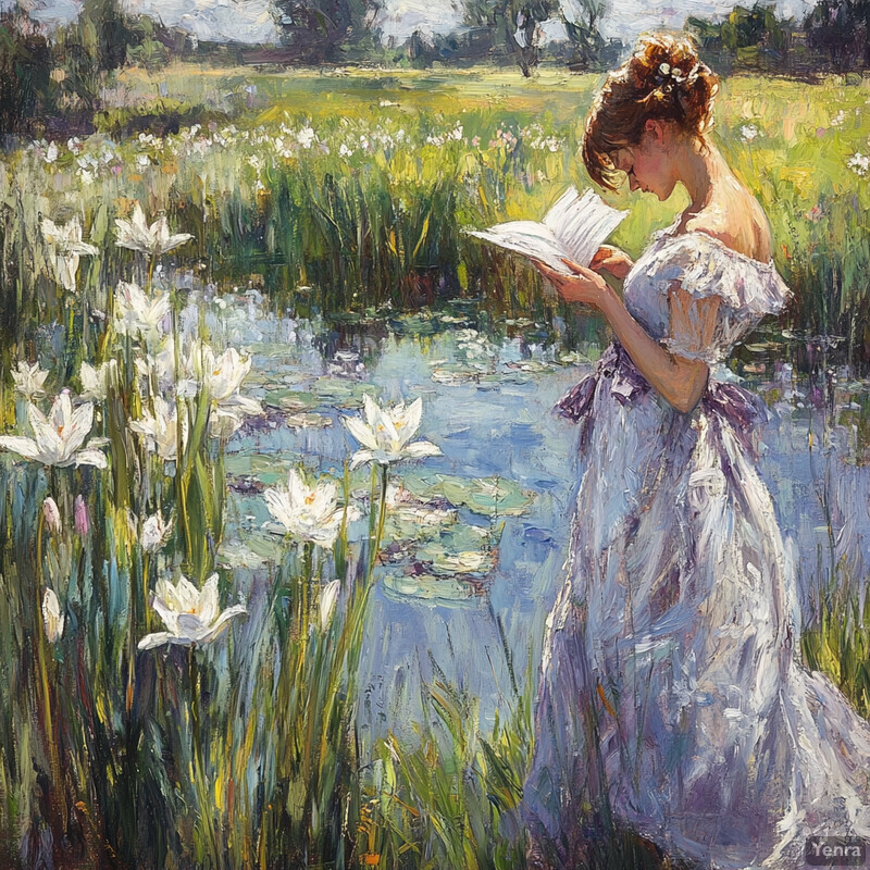 A woman stands in front of a pond surrounded by lilies, reading or holding a letter.