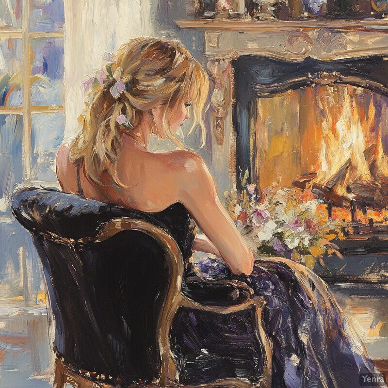 A woman sits in front of a fireplace, surrounded by warm elements, exuding comfort and tranquility