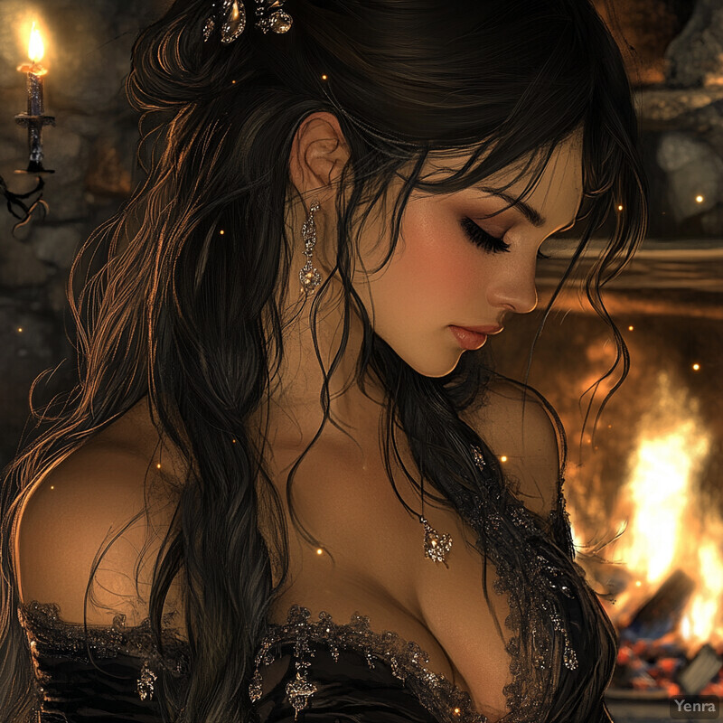 A woman with long dark hair and a black dress stands in front of a fireplace, surrounded by warm lighting.