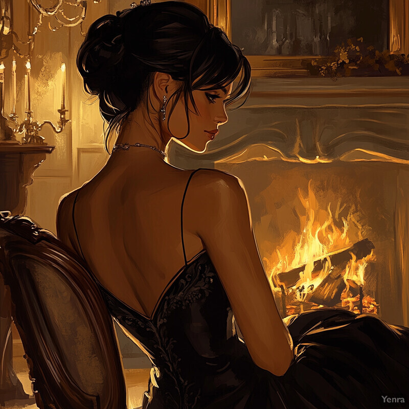 A woman sits by a fireplace in a luxurious setting, wearing a stunning black dress and surrounded by opulent furnishings.