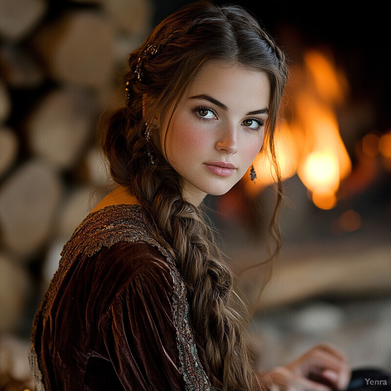 A young woman with long brown hair in a braid, wearing a dark red velvet dress, gazes towards the right side of the frame.