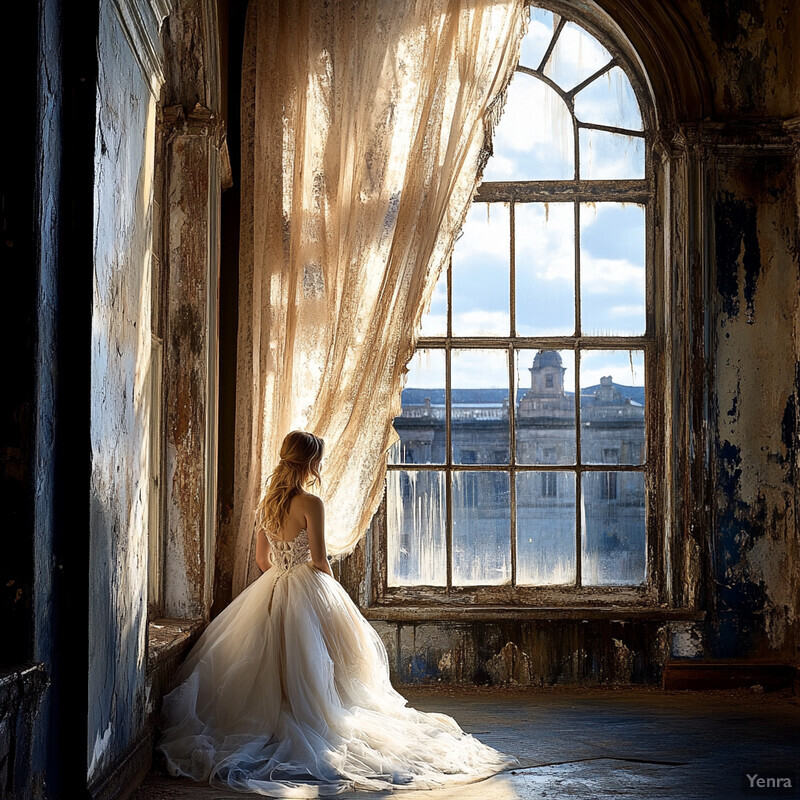 A woman in a wedding dress sits on the floor of an abandoned room, gazing out at a cityscape or building.