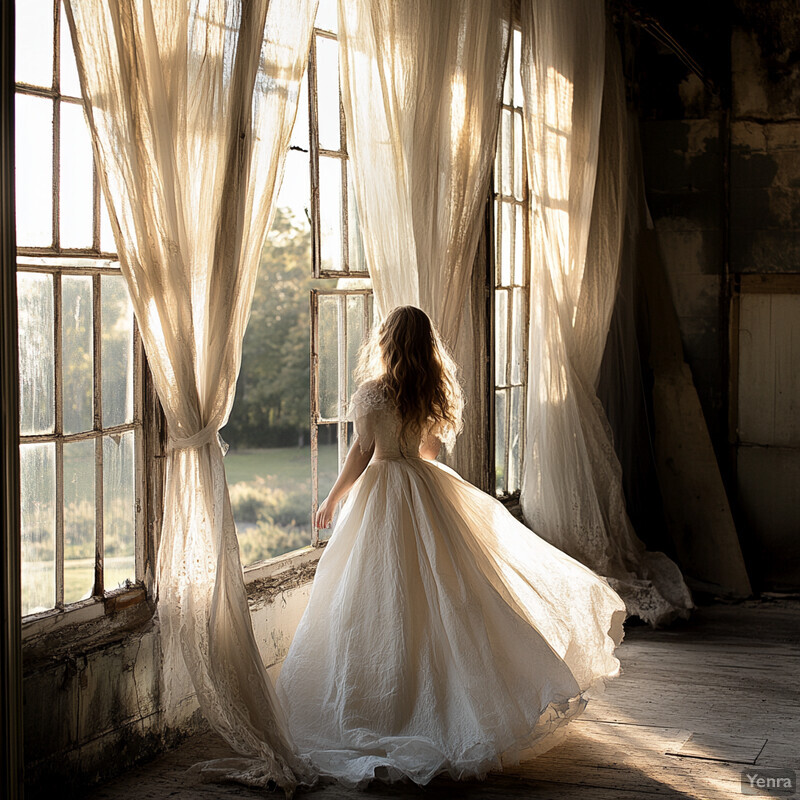 A young girl stands by a window with her back to the viewer, lost in thought.