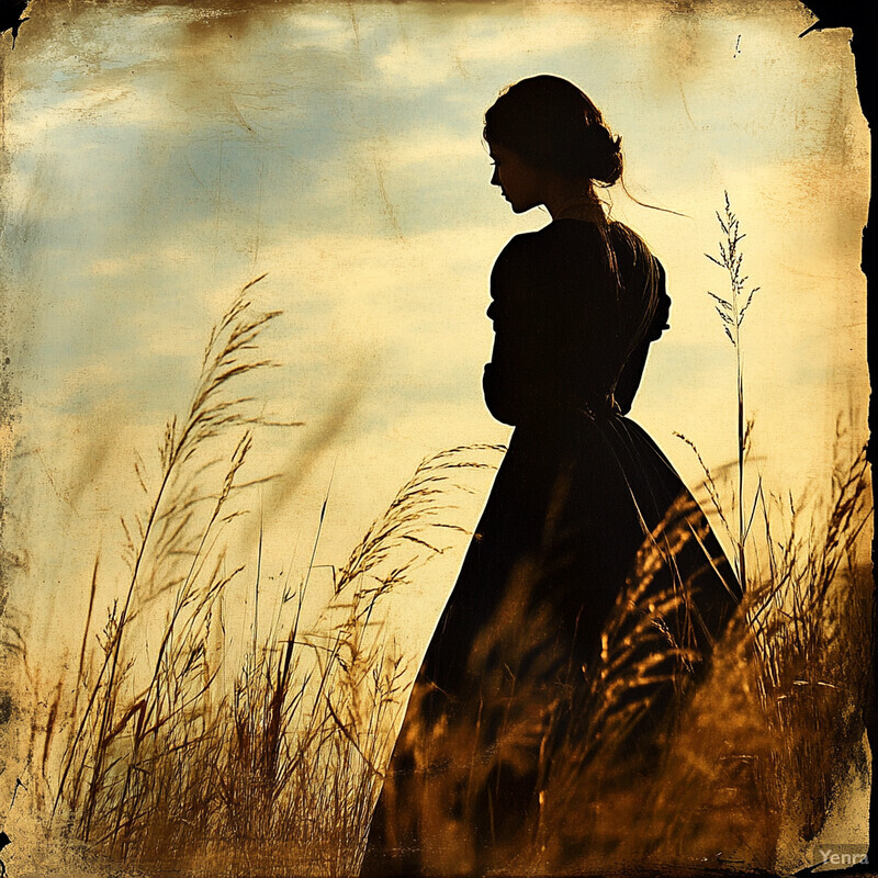 A woman stands in profile, gazing over her left shoulder towards the sky, surrounded by tall grasses swaying gently in the breeze.