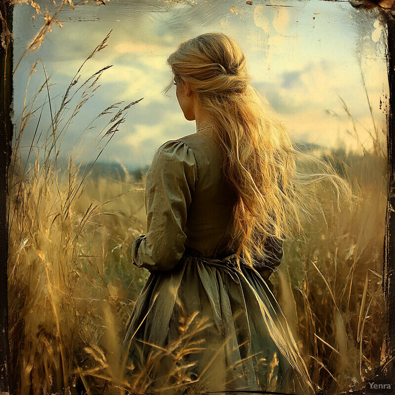 A woman stands in a field of tall grasses, her long blonde hair blowing gently in the wind.