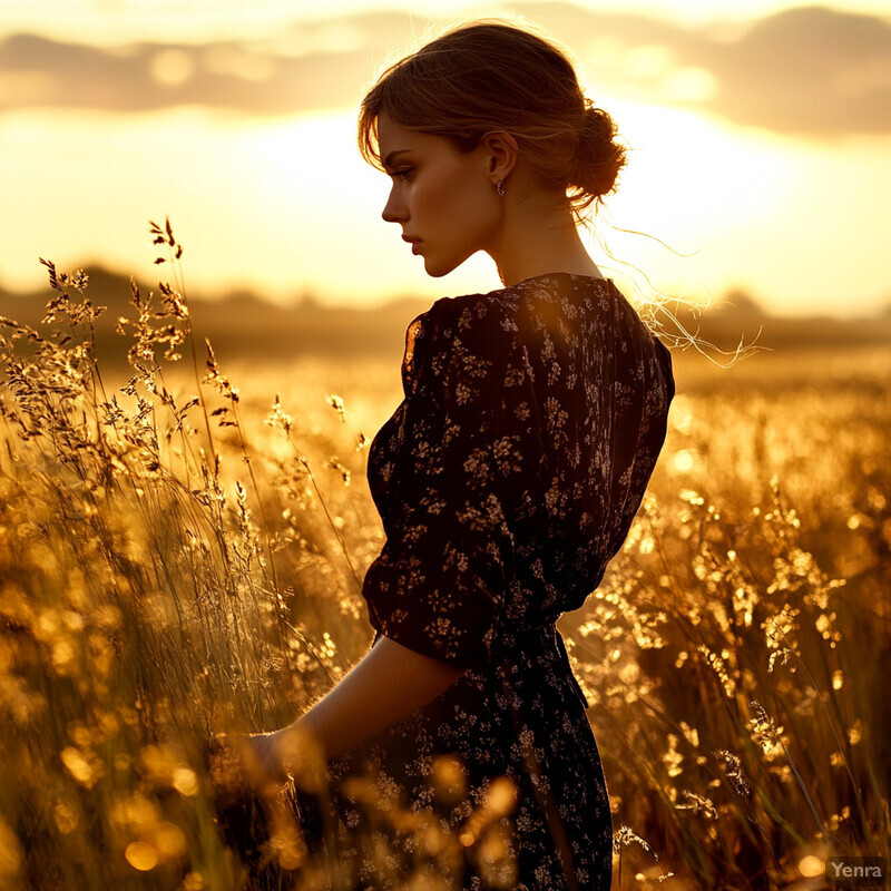 A woman stands in a field of tall grasses and wildflowers, lost in thought as she gazes out at the vast expanse.