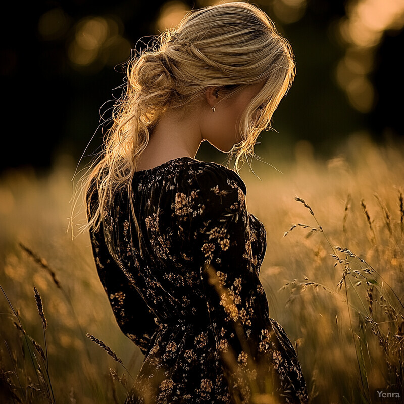 A woman stands in a field of tall grass, gazing down at her feet.