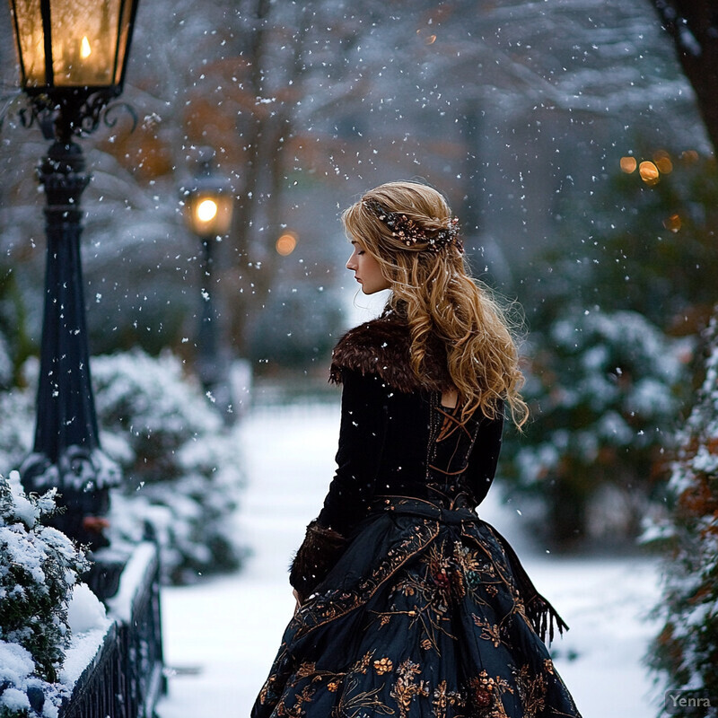 A woman stands in a snowy park or garden setting, surrounded by snow-covered trees and bushes.