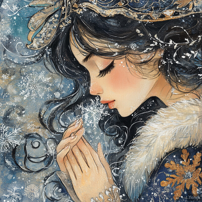 A serene winter wonderland scene featuring a woman with long dark hair and a crown on her head, wearing a fur-trimmed coat, holding a snowflake in her hand and blowing it towards her face.