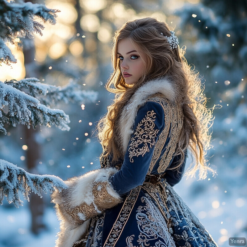 A woman stands in a snowy landscape, surrounded by trees and snow-covered ground.