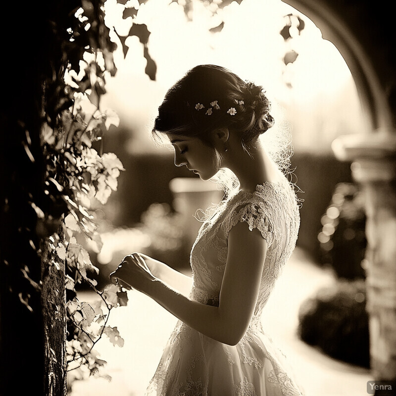 A woman in a wedding dress stands beneath an archway, surrounded by nature.