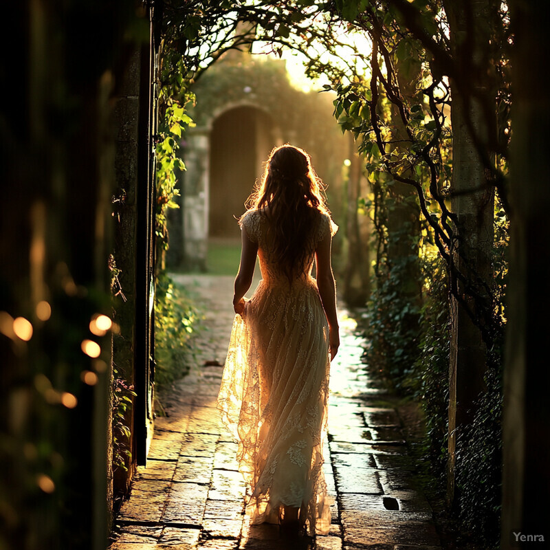 A woman in a white lace dress walks through an arched stone passageway covered in vines, surrounded by lush greenery and bathed in sunlight.