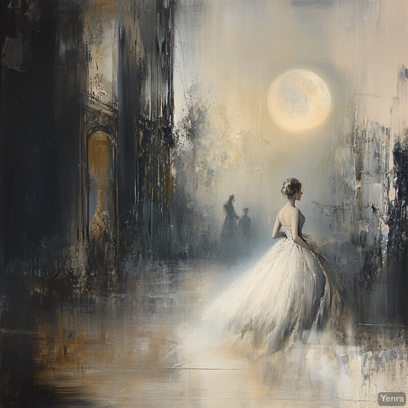 A woman in an old-fashioned white ballgown stands on a moonlit path amidst crumbling ruins, surrounded by lush greenery and tall trees.