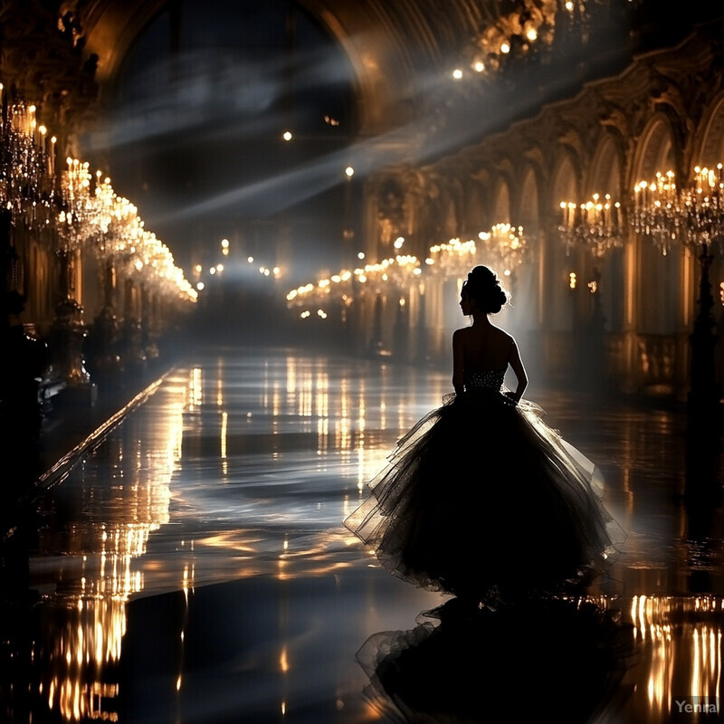 A woman in a formal gown stands confidently in an elegant hallway with ornate chandeliers and mirrors.