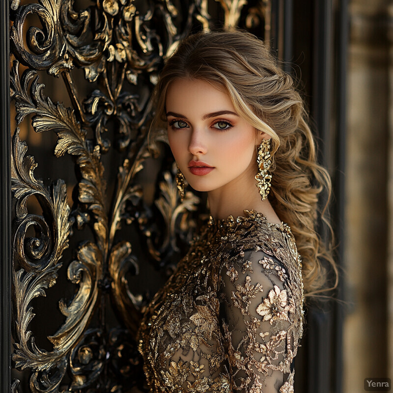 A woman with long blonde hair and blue eyes wears a gold dress adorned with floral patterns, posing for a high-end fashion photo shoot.