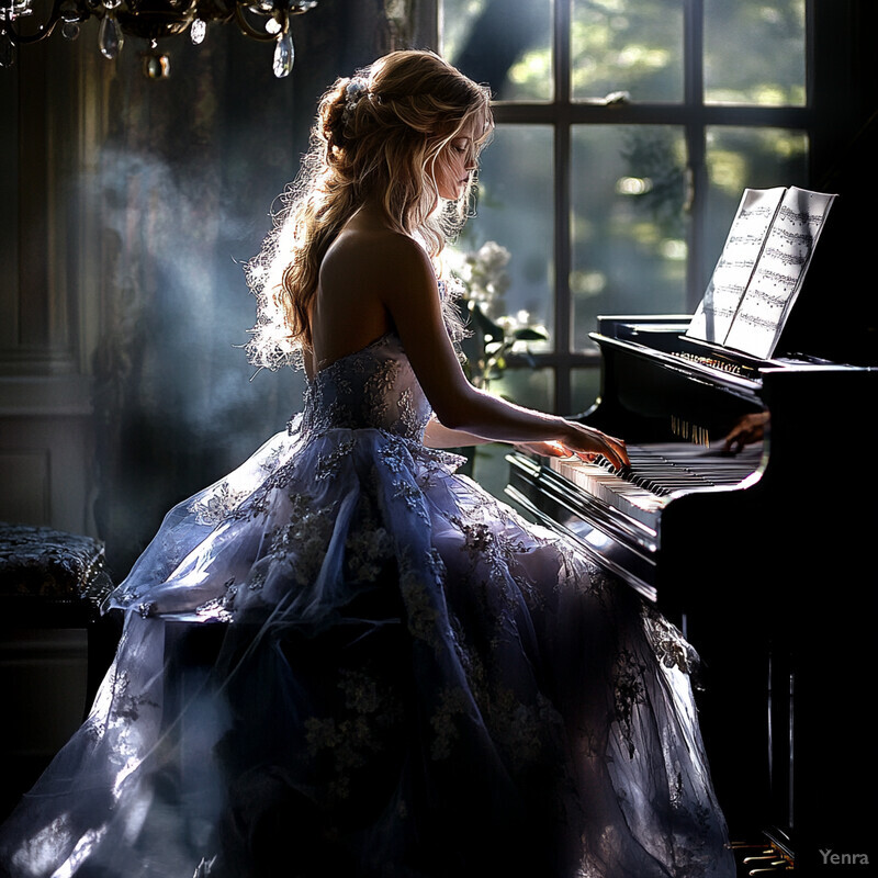 A woman plays the piano in a formal gown