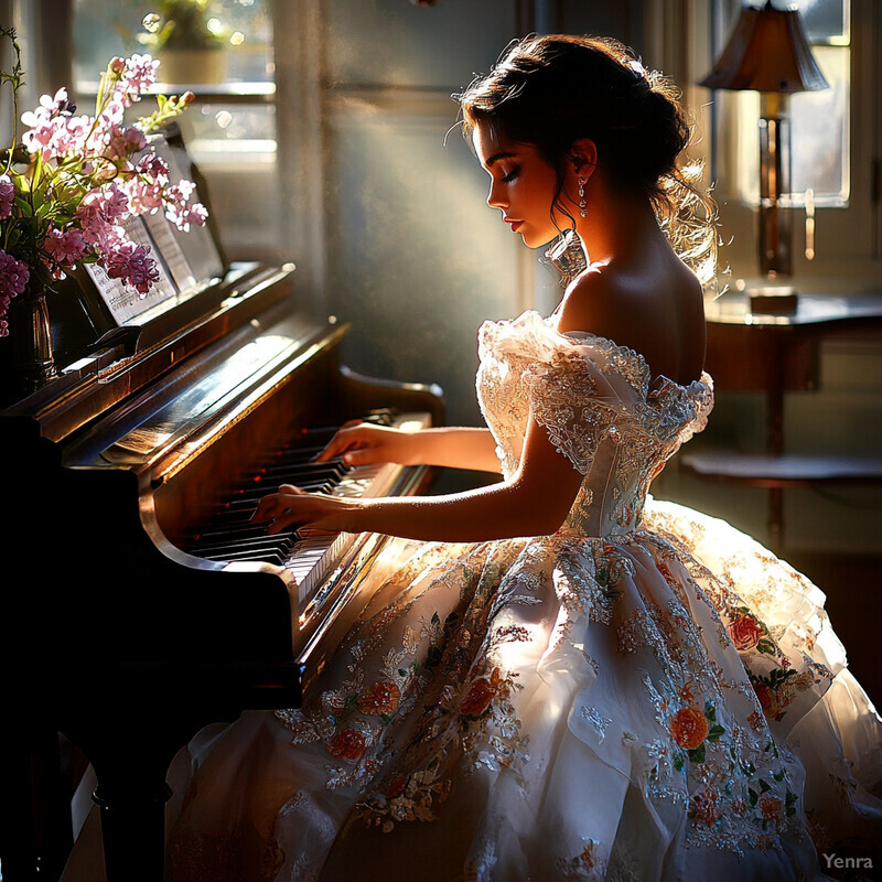 Woman in white ballgown playing piano