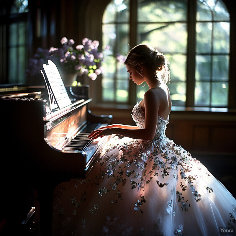 A woman in a white ball gown plays a grand piano in a dimly lit room with large windows.