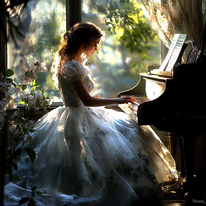 A young girl playing piano by the window