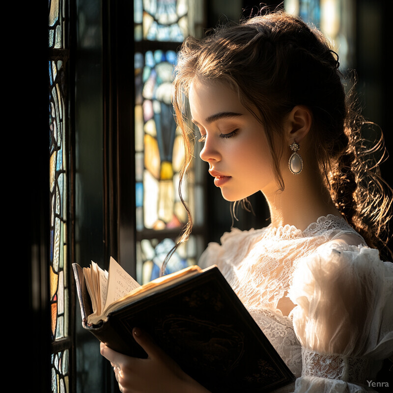 A young woman reads or studies in front of a stained glass window, wearing a white lace dress with long brown hair in a braid.